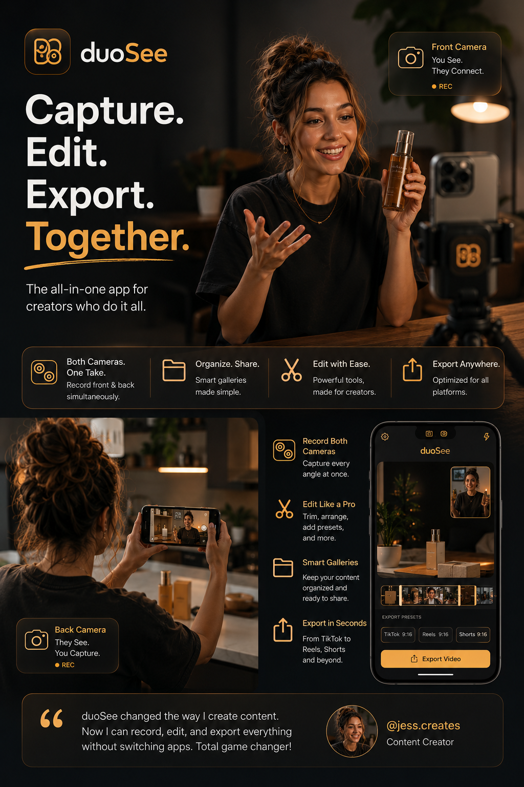 DuoSee — capture, edit, export together. Record both cameras at once.